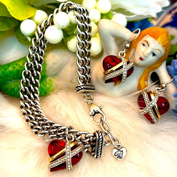 Brighton NEPTUNE’S RINGS SWEETHEART RED Heart Glass Crystal Bracelet Earrings - Picture 4 of 13